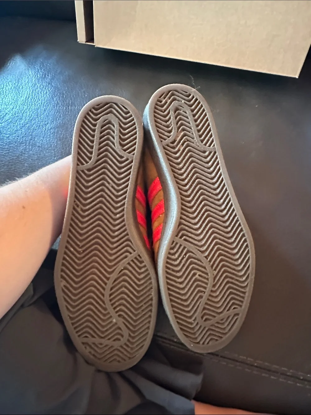 adidas Brown Suede Sneakers with Red Stripes and Leopard Lining